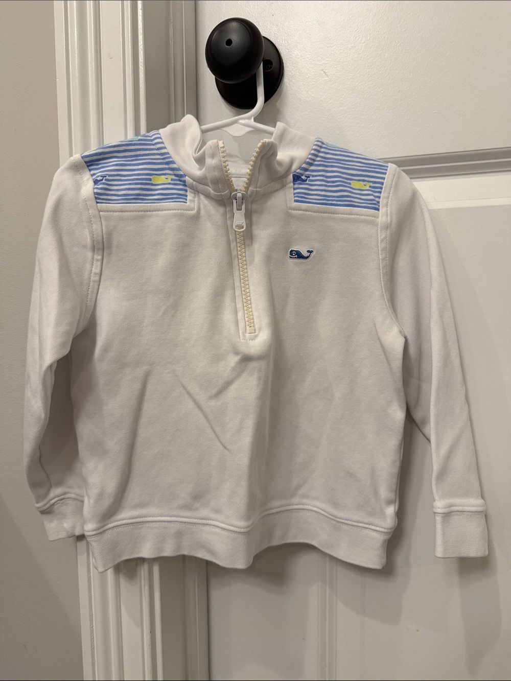 Vineyard Vines White Quarter-Zip Pullover with Blue Stripe Shoulder Panels